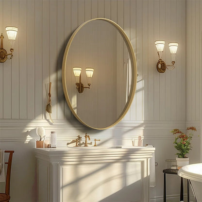 Brushed Gold Oval Bathroom Mirror with Metal Frame – Modern Decorative Vanity Mirror for Entryway & Living Room