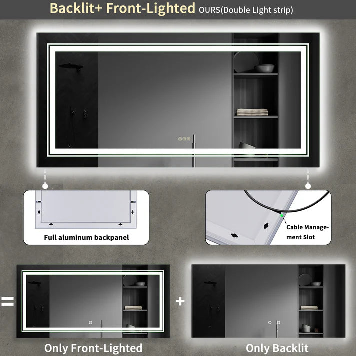 Large Rectangle LED Bathroom Mirror with Smart Features