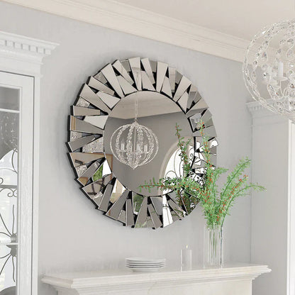 Round Wall Mounted Sunburst Silver Glass Bathroom Vanity Mirror