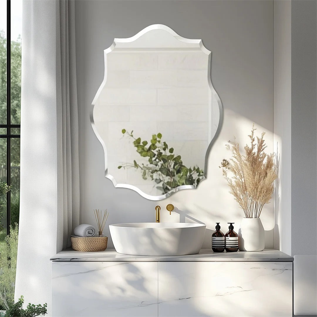 Minimalist Asymmetrical Frameless Bathroom Mirror – Beveled Edge Vanity Mirror for Bathroom, Hallway & Entryway
