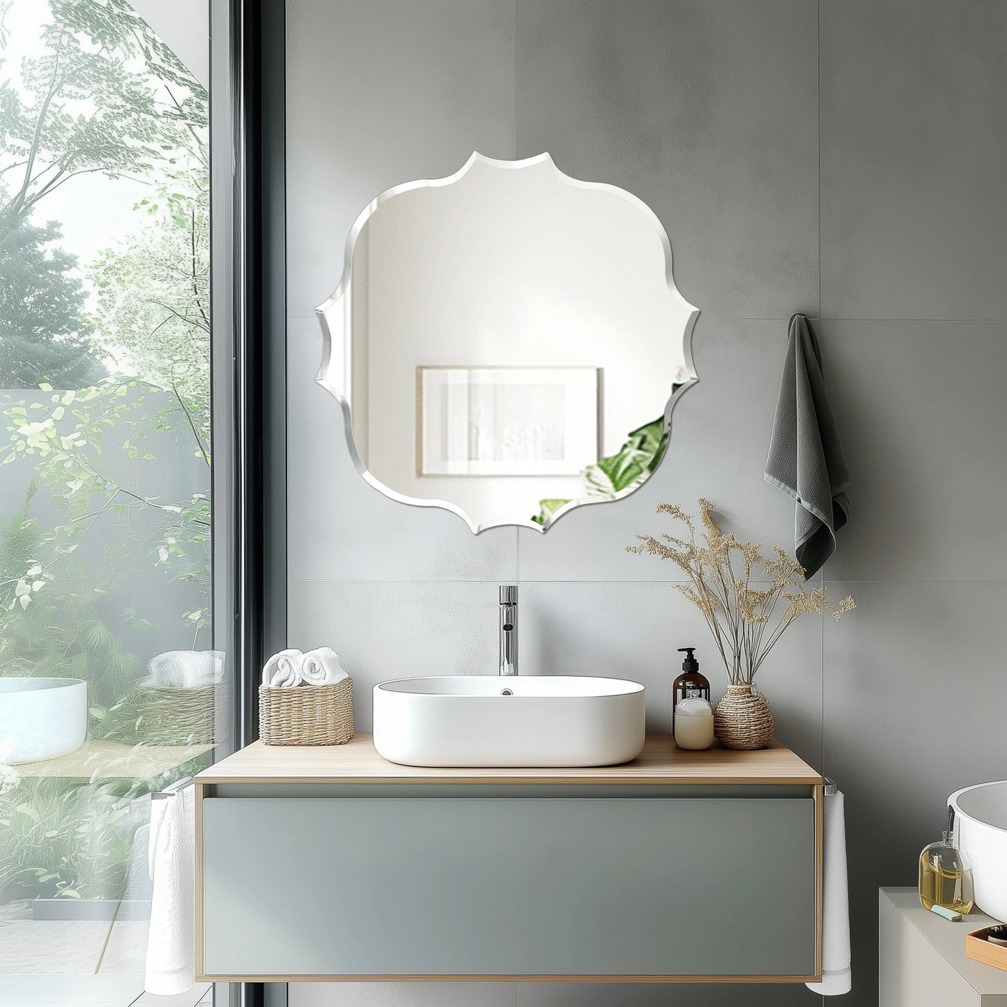 Frameless Bathroom Bathroom Mirror – Scalloped Beveled Edge Mirror for Living Room, Bedroom & Entryway