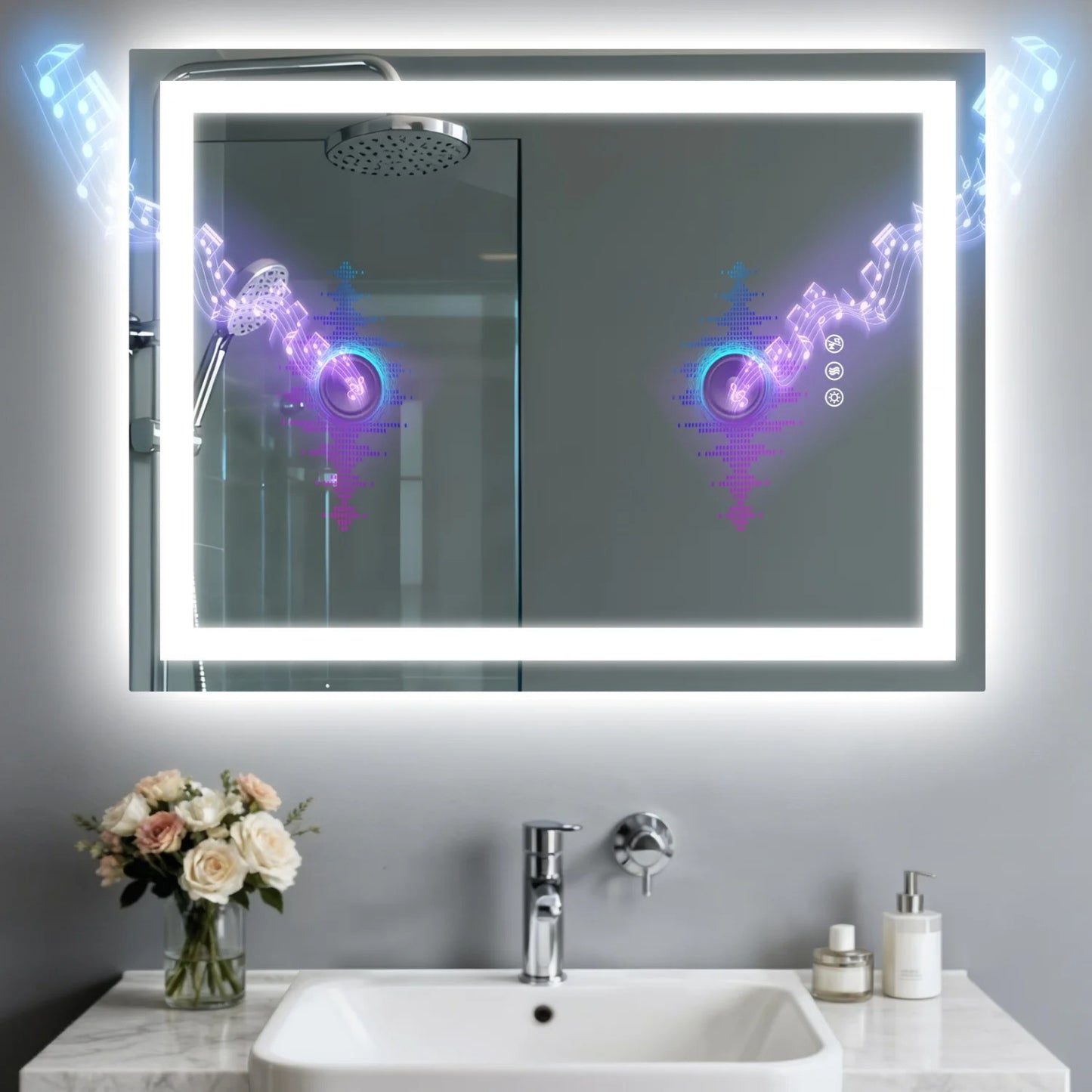 Rectangle LED Bathroom Mirror with Bluetooth Speaker 3 Colors Dimmable Defog Vanity Mirror
