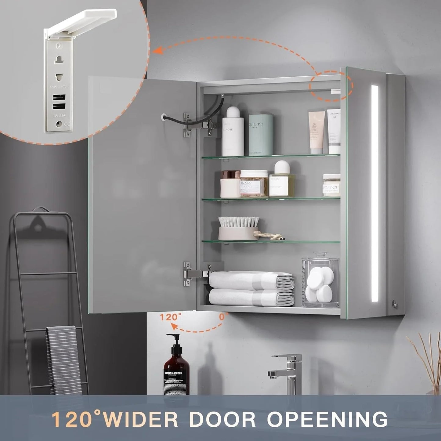 2-Door LED Illuminated Bathroom Mirror Cabinet with Shaver Socket, 3-Color Dimmable Lighting & Demister Pad