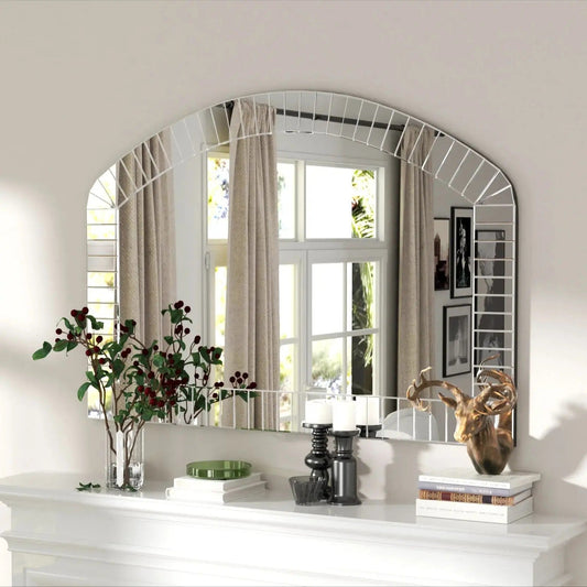 Extra Large Arched Bathroom Mirror – Silver Glass Venetian Accent Mirror with Bling Beveled Edge for Living Room Decor