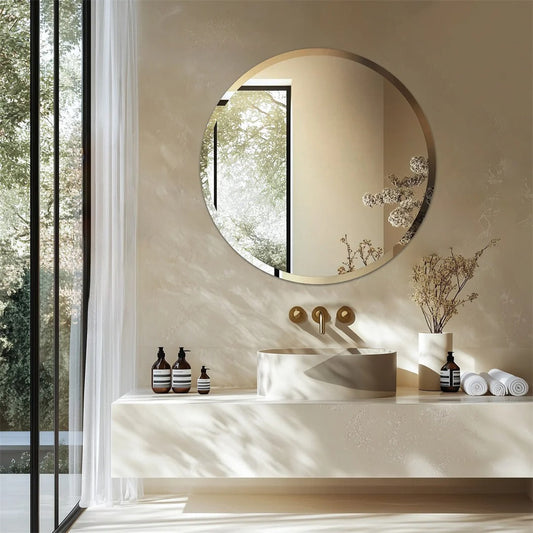 Frameless Round Bathroom Vanity Mirror – Circle Wall Decor Mirror with Polished Beveled Edge for Living Room