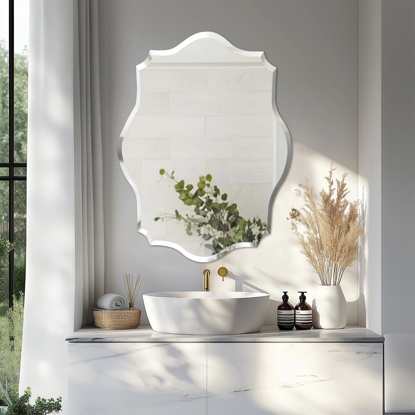 Scalloped Frameless Bathroom Mirror – Polished Silver Beveled Edge Mirror for Bathroom, Bedroom, Vanity & Living Room