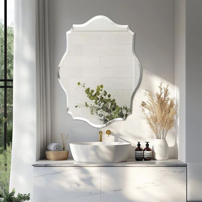 Scalloped Frameless Bathroom Mirror – Polished Silver Beveled Edge Mirror for Bathroom, Bedroom, Vanity & Living Room