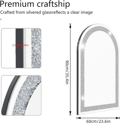 Arched Bathroom Mirror,Decorative Large Silver Glass Vanity with Crushed Diamond Crystal Bling Edge
