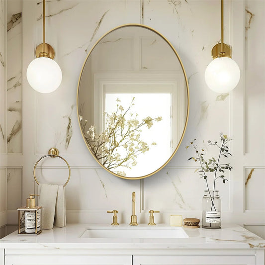 Brushed Gold Oval Bathroom Mirror with Metal Frame – Modern Decorative Vanity Mirror for Entryway & Living Room