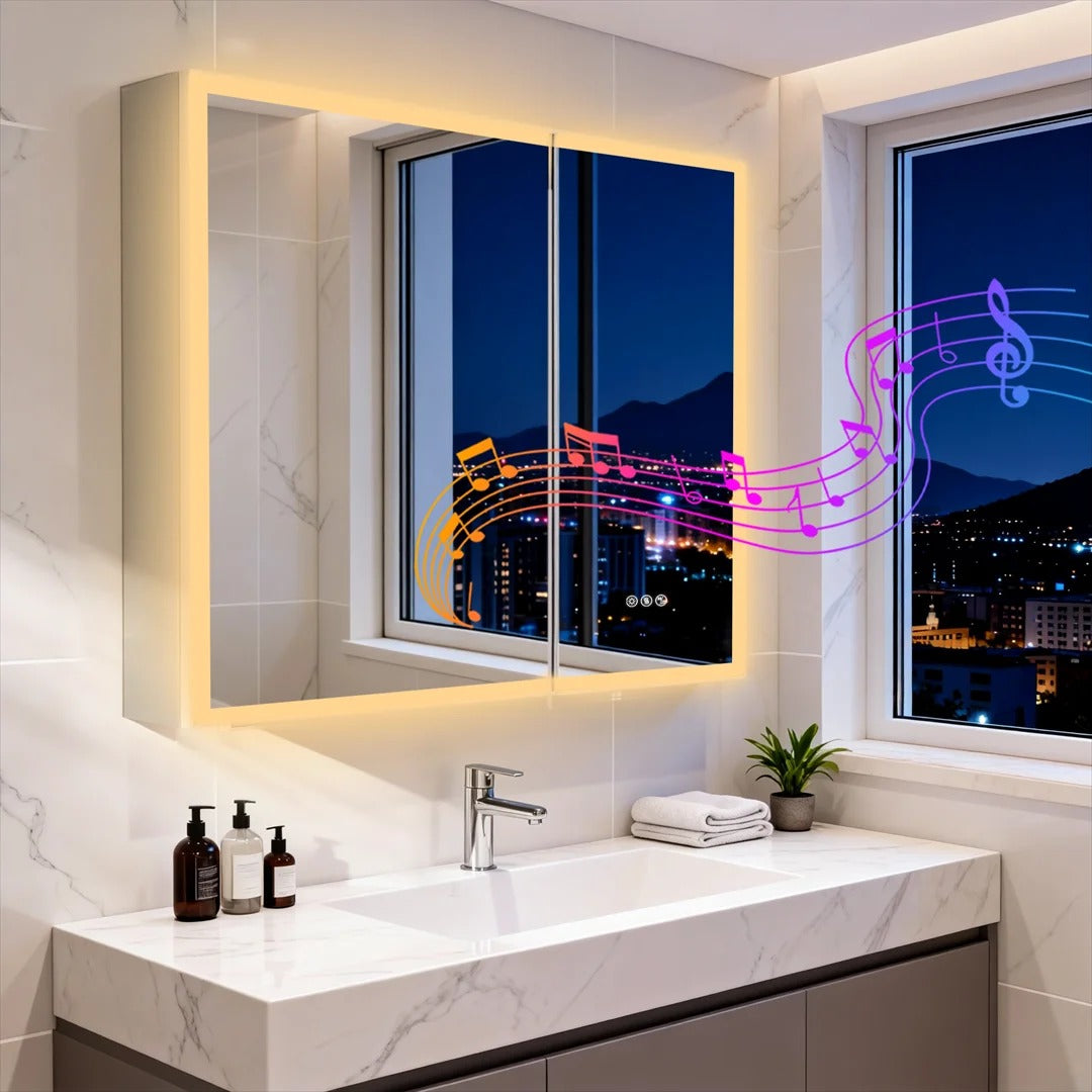 2026 New Luxury LED Bathroom Mirror Cabinet with Bluetooth Dual Speakers