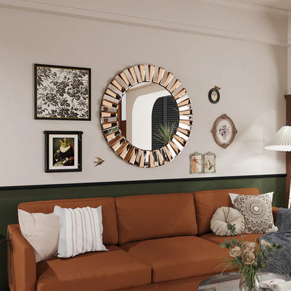Round Sunburst Decorative Wall Mirror – Beveled Glass Vanity Mirror for Bathroom & Living Room Accent