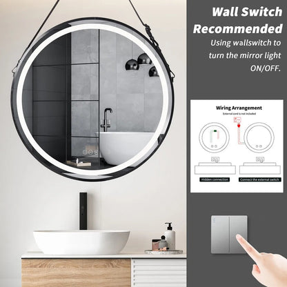 Frame with Rope Round Mirror,Bathroom Mirror with Front Light,Wall Mounted Lighted Vanity Mirror, Anti-Fog & Dimmable Touch Switch