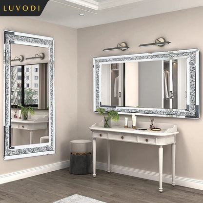 Luxury Silver Crystal Rectangle Vanity Mirror – Large Frameless Wall Dressing Mirror with Rhinestone Detailing
