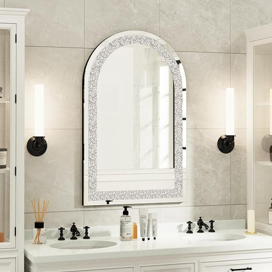 Arched Bathroom Mirror,Decorative Large Silver Glass Vanity with Crushed Diamond Crystal Bling Edge