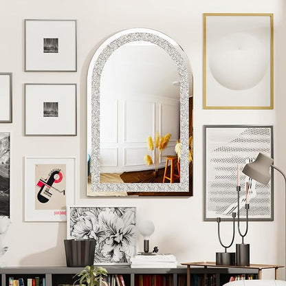 Arched Bathroom Mirror,Decorative Large Silver Glass Vanity with Crushed Diamond Crystal Bling Edge