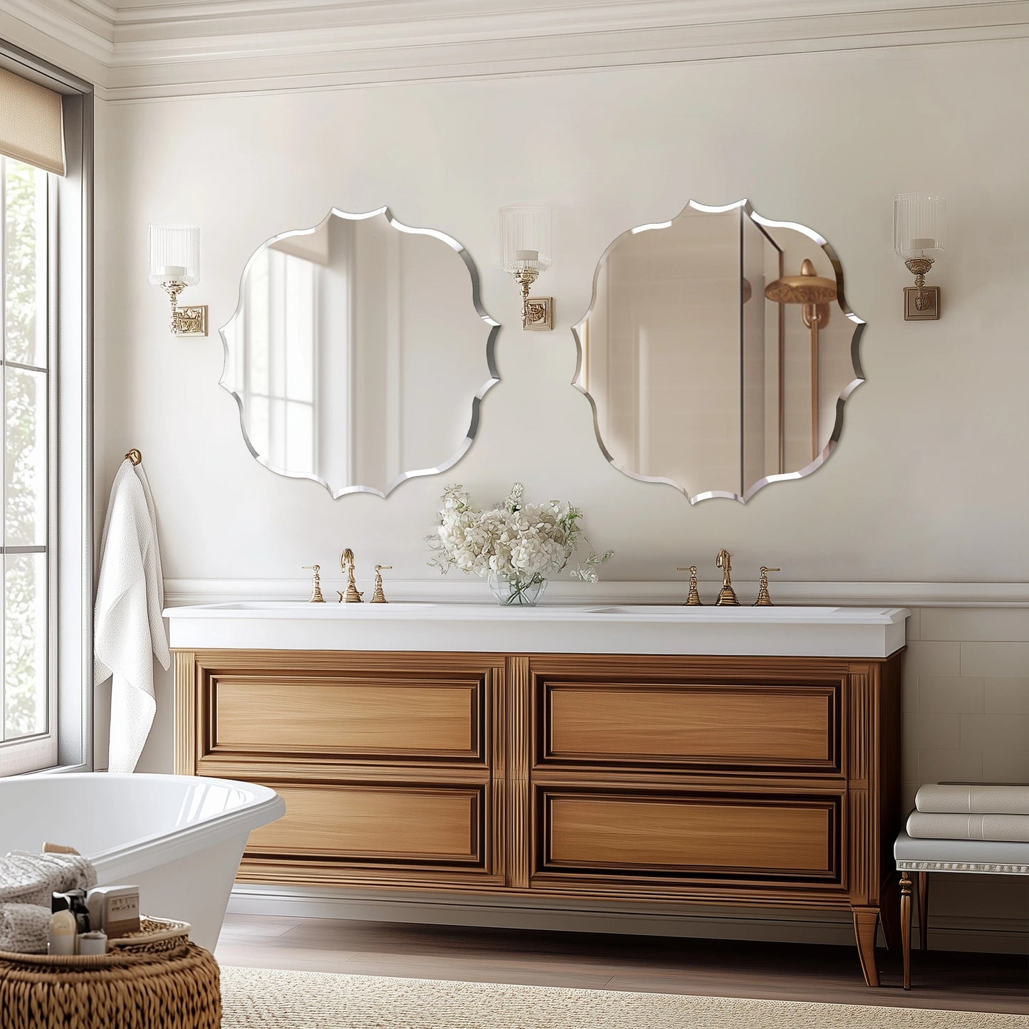 Frameless Bathroom Bathroom Mirror – Scalloped Beveled Edge Mirror for Living Room, Bedroom & Entryway