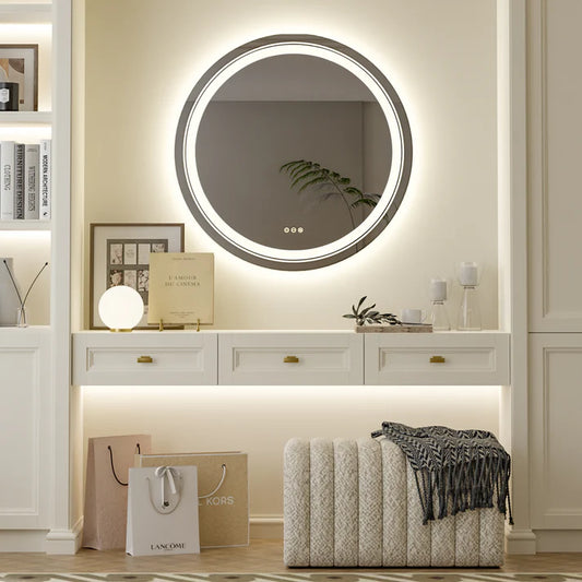 Round Double Light LED Bathroom Vanity Makeup Mirror Dimmable, Anti-Fog Circle Wall Mounted Mirror