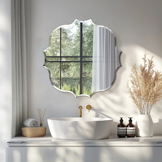 Frameless Bathroom Bathroom Mirror – Scalloped Beveled Edge Mirror for Living Room, Bedroom & Entryway