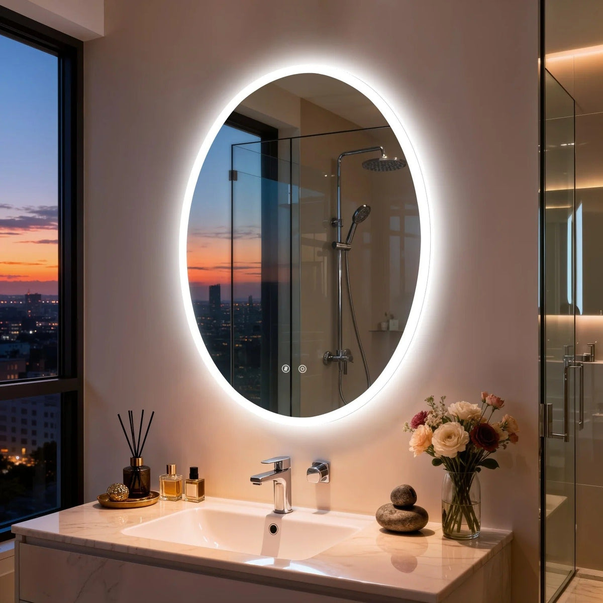 Oval LED Backlit Bathroom Mirror with Anti-Fog, Dimming & Memory