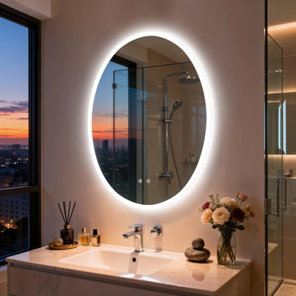 Oval LED Backlit Bathroom Mirror with Anti-Fog, Dimming & Memory