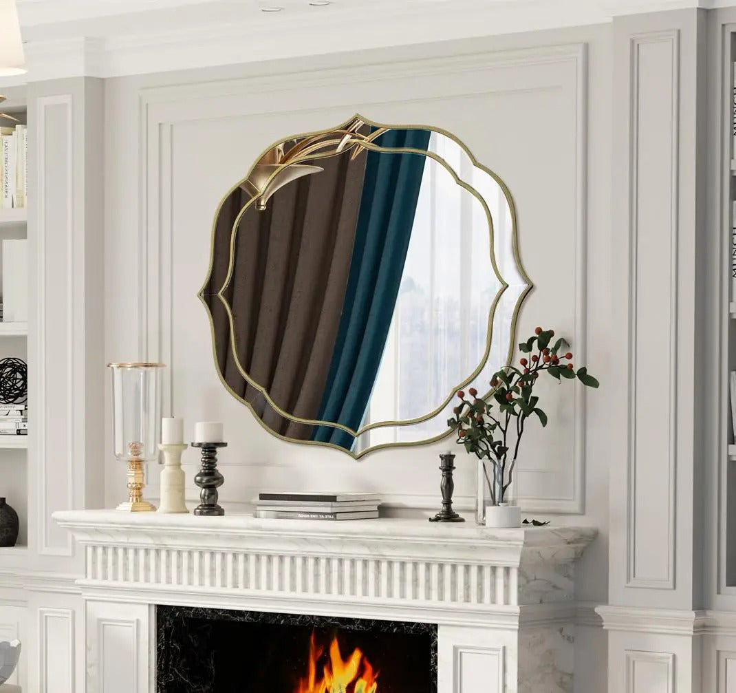 Modern Decorative Bathroom Mirror – Venetian-Style Silver Glass Mirror with Golden Rim & Beveled Frame for Bedroom & Hallway