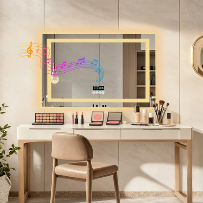 Rectangle Bluetooth Smart Bathroom Mirror  Illuminated Defog with Speakers and Time/Date/Temperature Display
