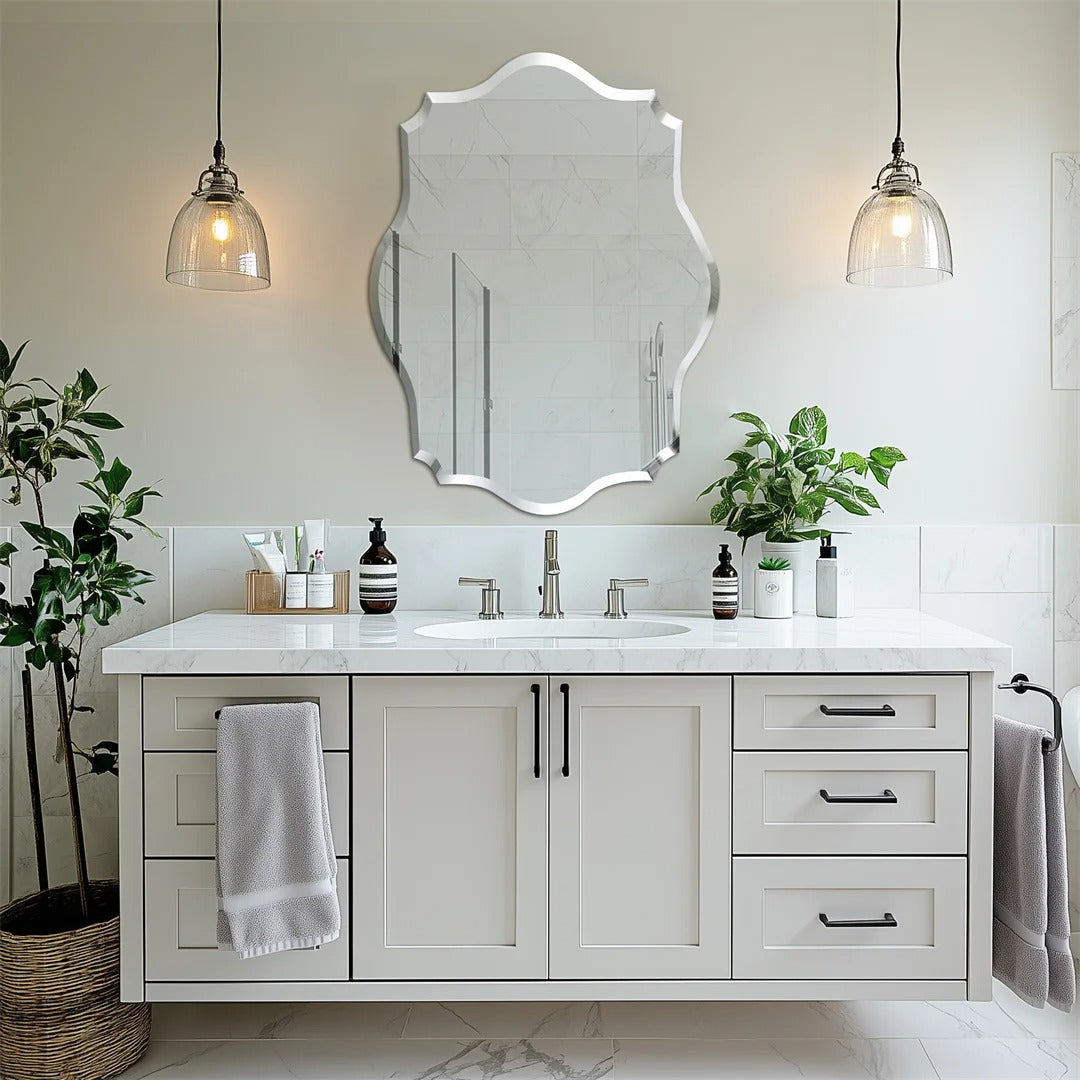 Minimalist Asymmetrical Frameless Bathroom Mirror – Beveled Edge Vanity Mirror for Bathroom, Hallway & Entryway
