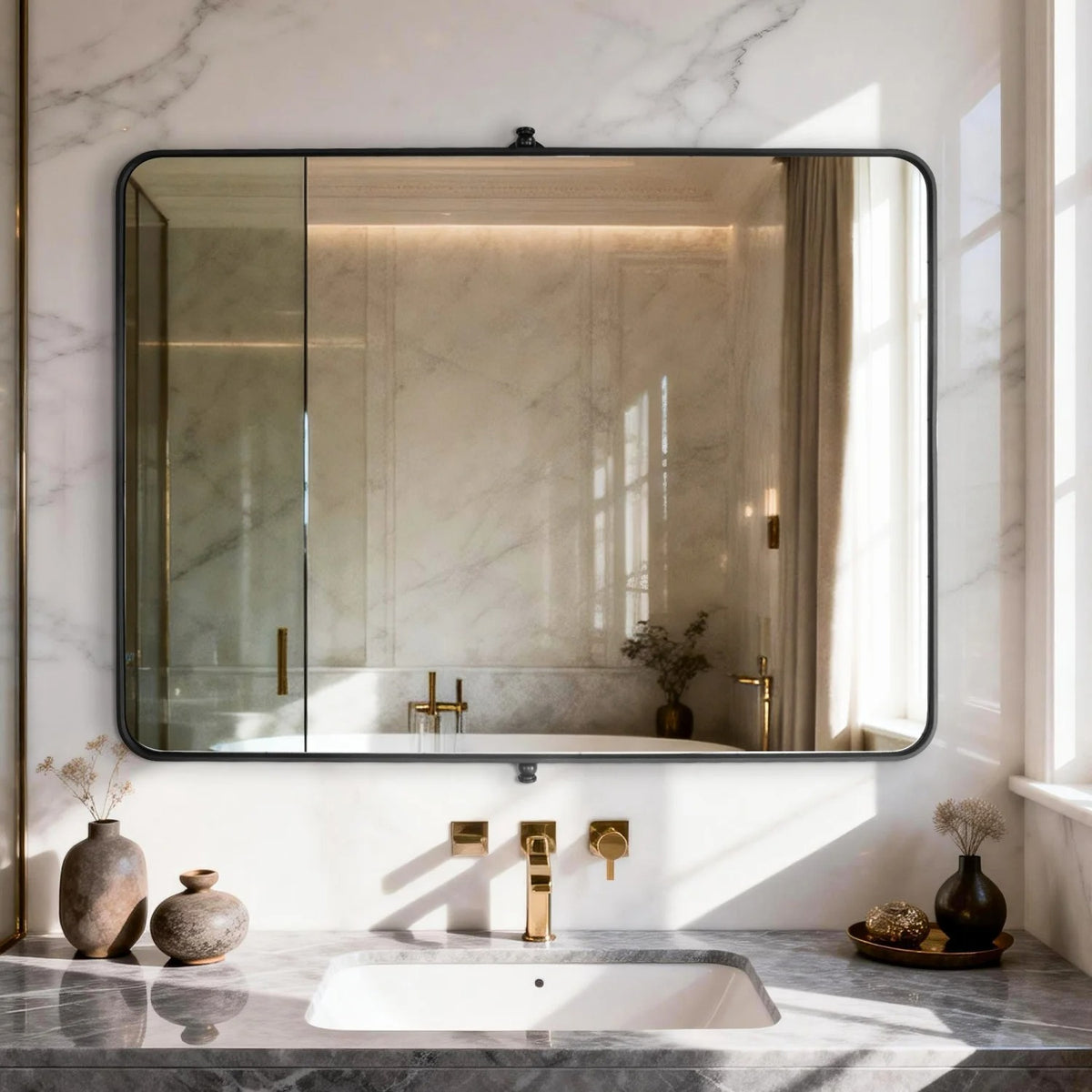 Black Rectangular Pivot Bathroom Mirror with Adjustable Tilt – 2 Sizes