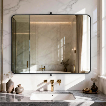 Black Rectangular Pivot Bathroom Mirror with Adjustable Tilt – 2 Sizes