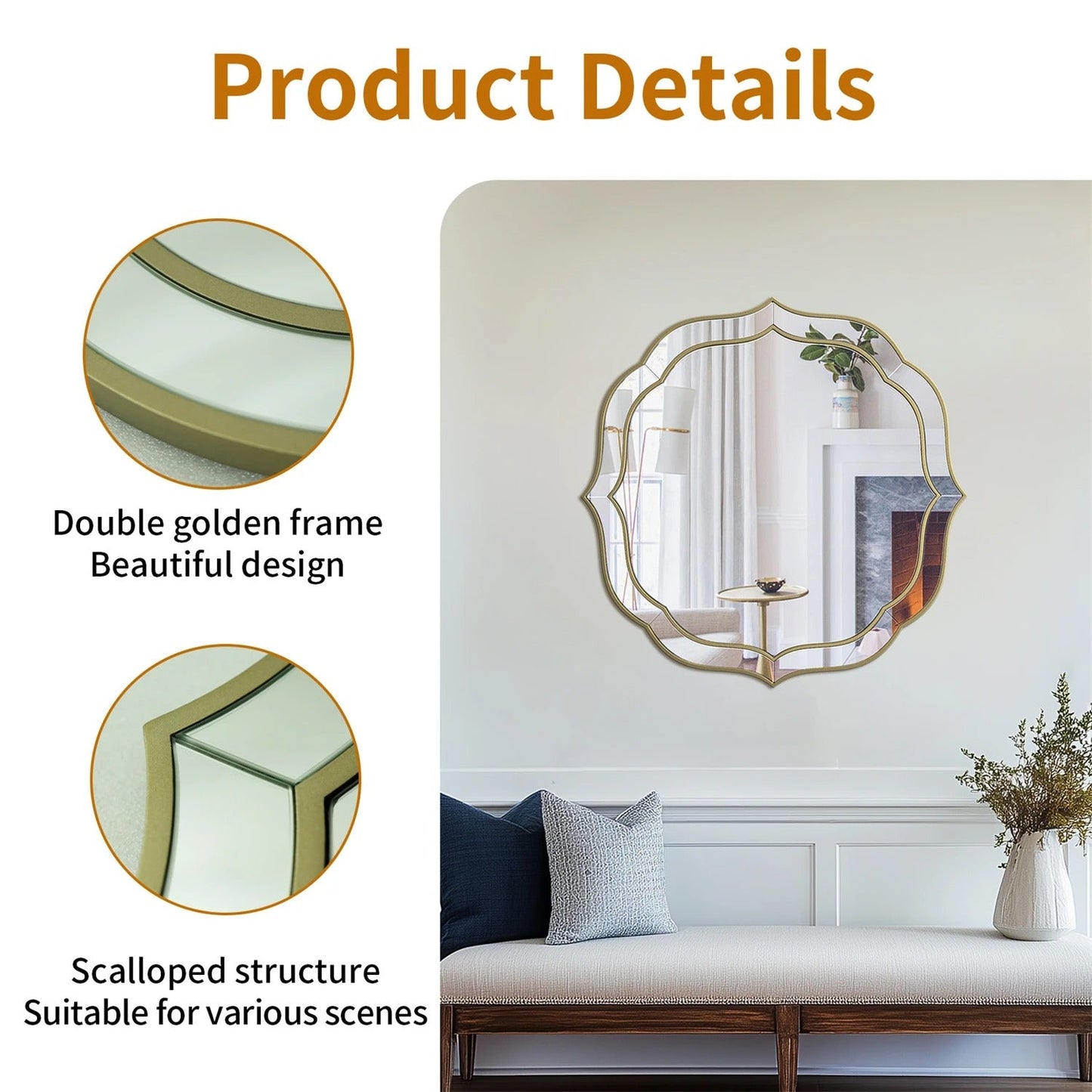 Modern Decorative Bathroom Mirror – Venetian-Style Silver Glass Mirror with Golden Rim & Beveled Frame for Bedroom & Hallway