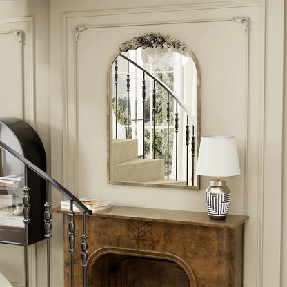 Arched Antique Brass Bathroom Mirror – Metal Frame with Decorative Resin Rose Pattern for Entryway, Fireplace & Living Room
