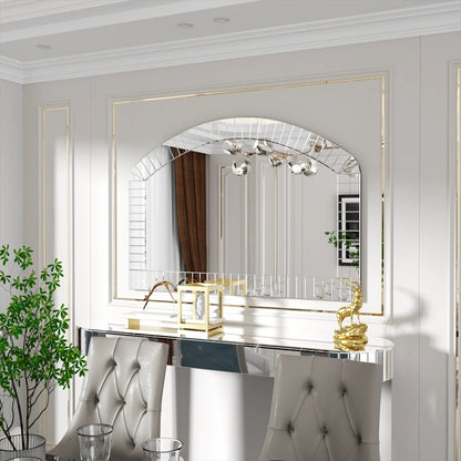 Extra Large Arched Bathroom Mirror – Silver Glass Venetian Accent Mirror with Bling Beveled Edge for Living Room Decor