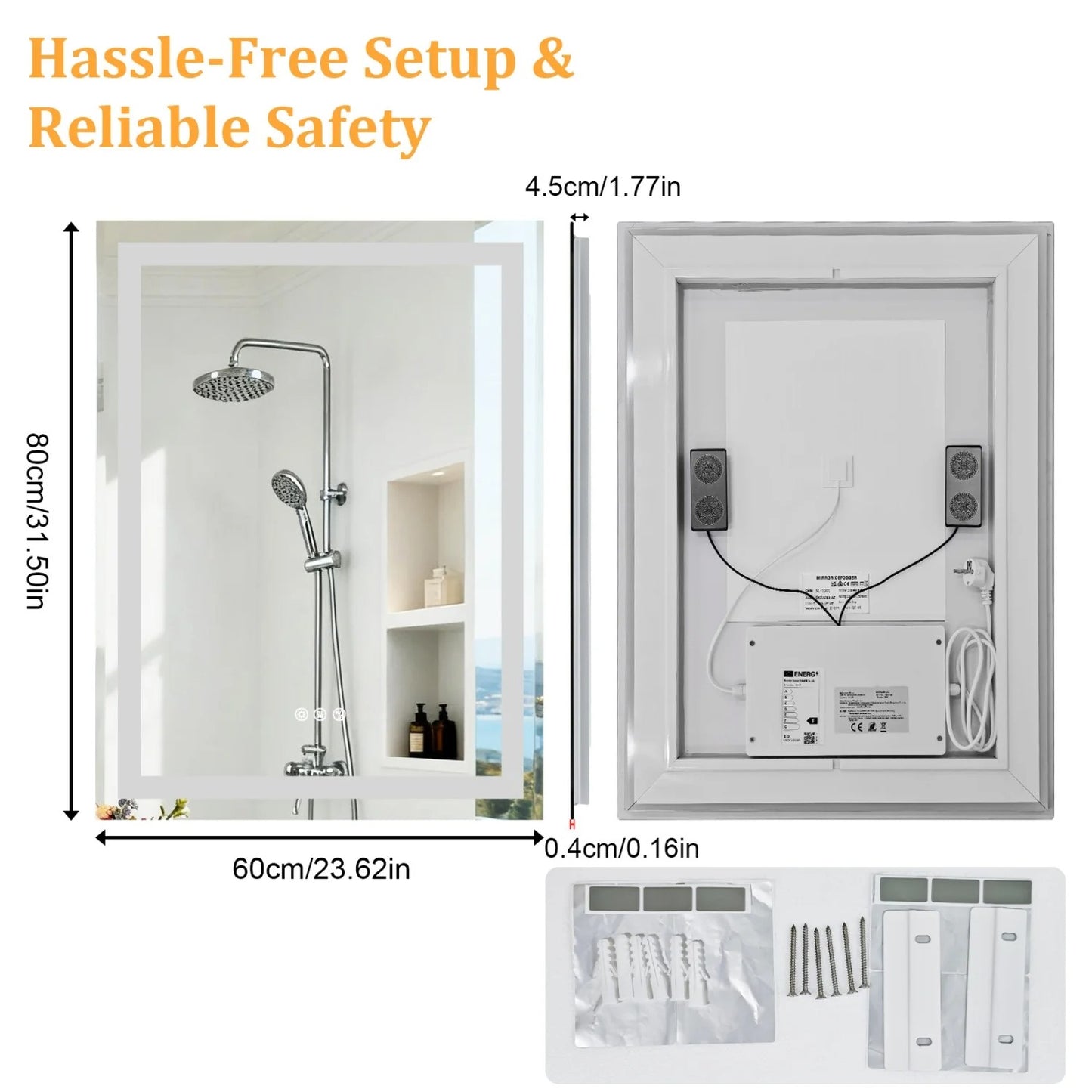 Rectangle LED Bathroom Mirror with Bluetooth Speaker 3 Colors Dimmable Defog Vanity Mirror