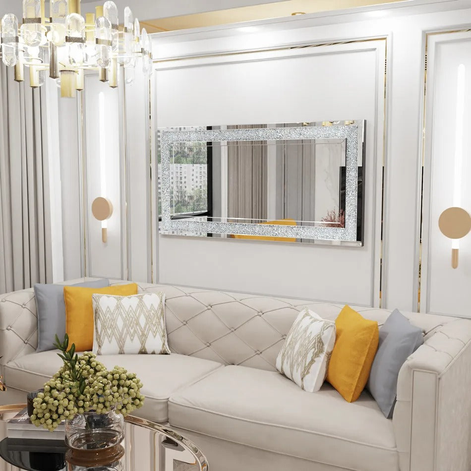 Luxury Silver Crystal Rectangle Vanity Mirror – Large Frameless Wall Dressing Mirror with Rhinestone Detailing