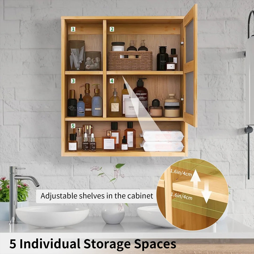 Bamboo Bathroom Mirror Cabinet with Adjustable Shelves – 22x24"
