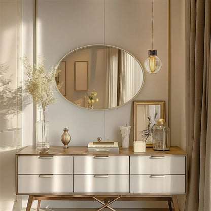 Brushed Gold Oval Bathroom Mirror with Metal Frame – Modern Decorative Vanity Mirror for Entryway & Living Room