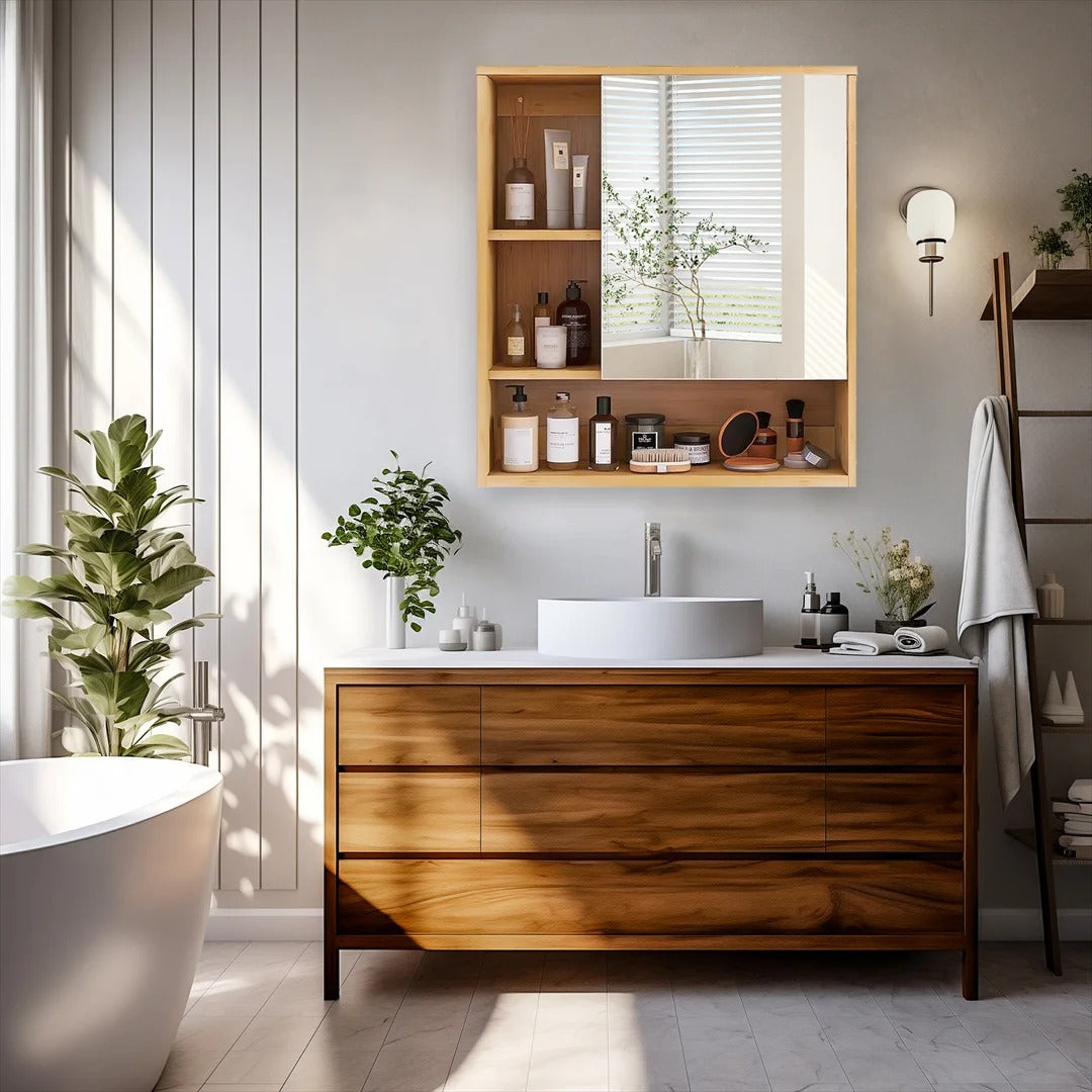 Bamboo Bathroom Mirror Cabinet with Adjustable Shelves – 22x24"