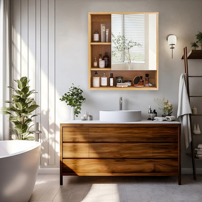 Bamboo Bathroom Mirror Cabinet with Adjustable Shelves – 22x24"