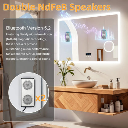 Rectangle Bluetooth LED Bathroom Mirror – Anti-Fog Vanity Mirror with 3X Magnifier, Dimmable Touch Light, Date & Time Display