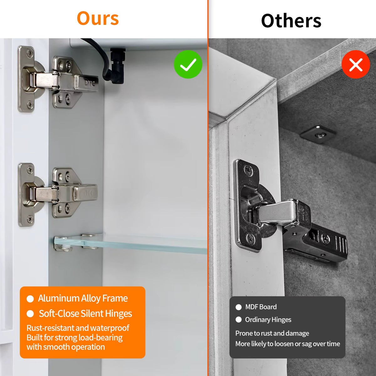 Close-up comparison of the cabinet hinges and glass shelf supports