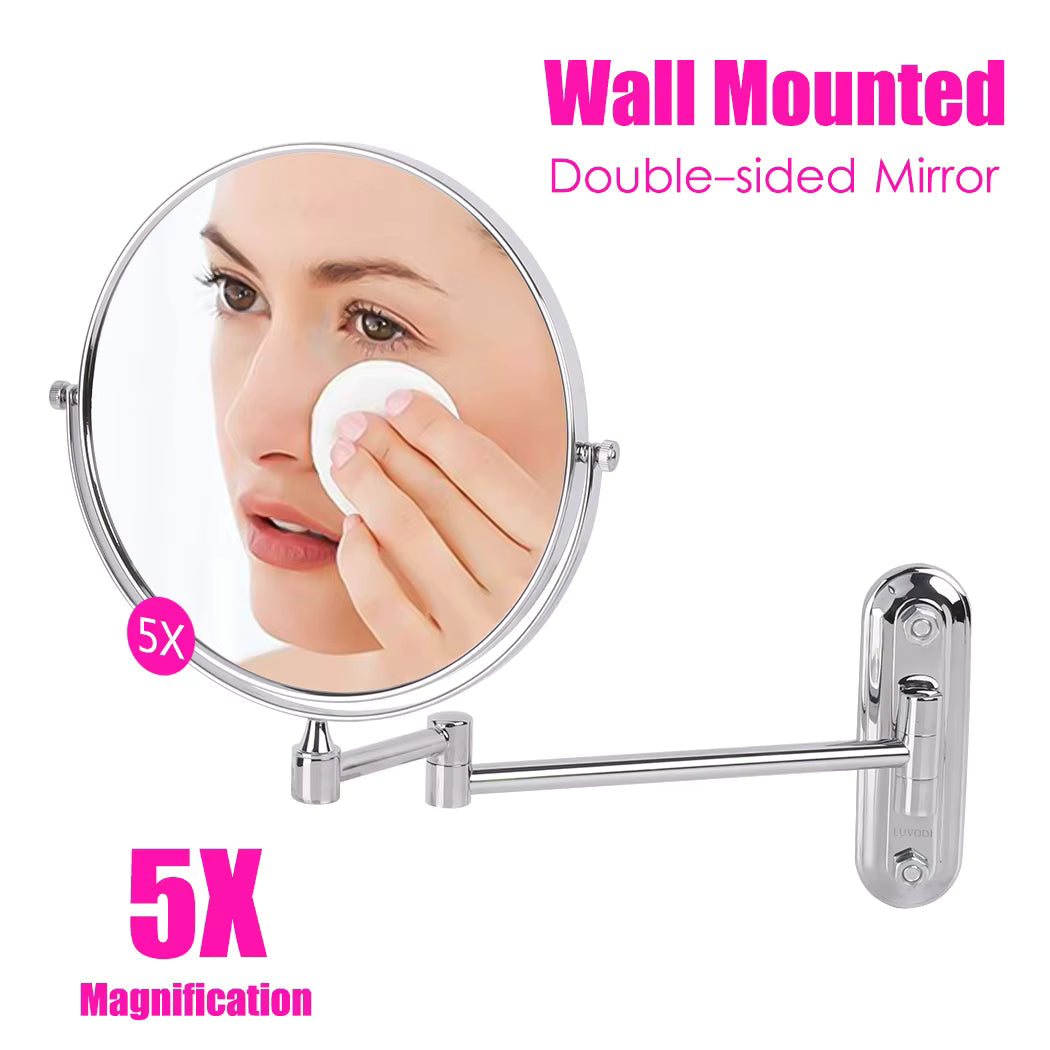 Round Wall-Mounted Magnifying Mirror with Extendable Arm – 5X or 10X