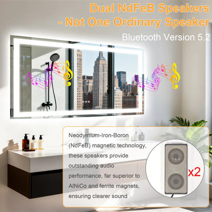 Rectangle LED Bathroom Mirror with Bluetooth Speaker 3 Colors Dimmable Defog Vanity Mirror