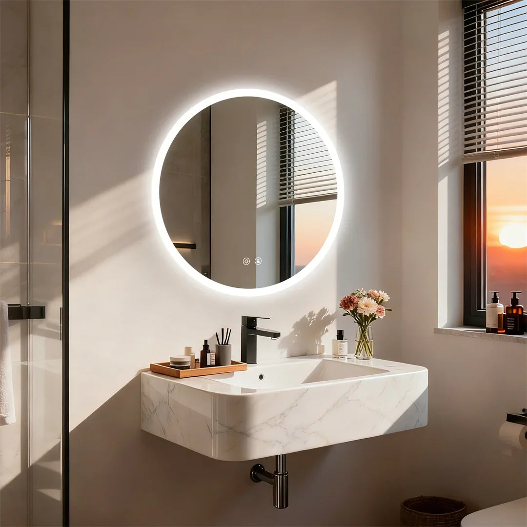 Backlit Round LED Bathroom Mirror, Dimmable Anti-Fog Waterproof Vanity Mirror