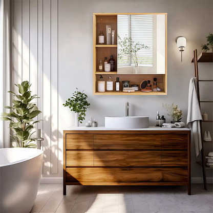 Bamboo Bathroom Mirror Cabinet with Adjustable Shelves – 22x24"