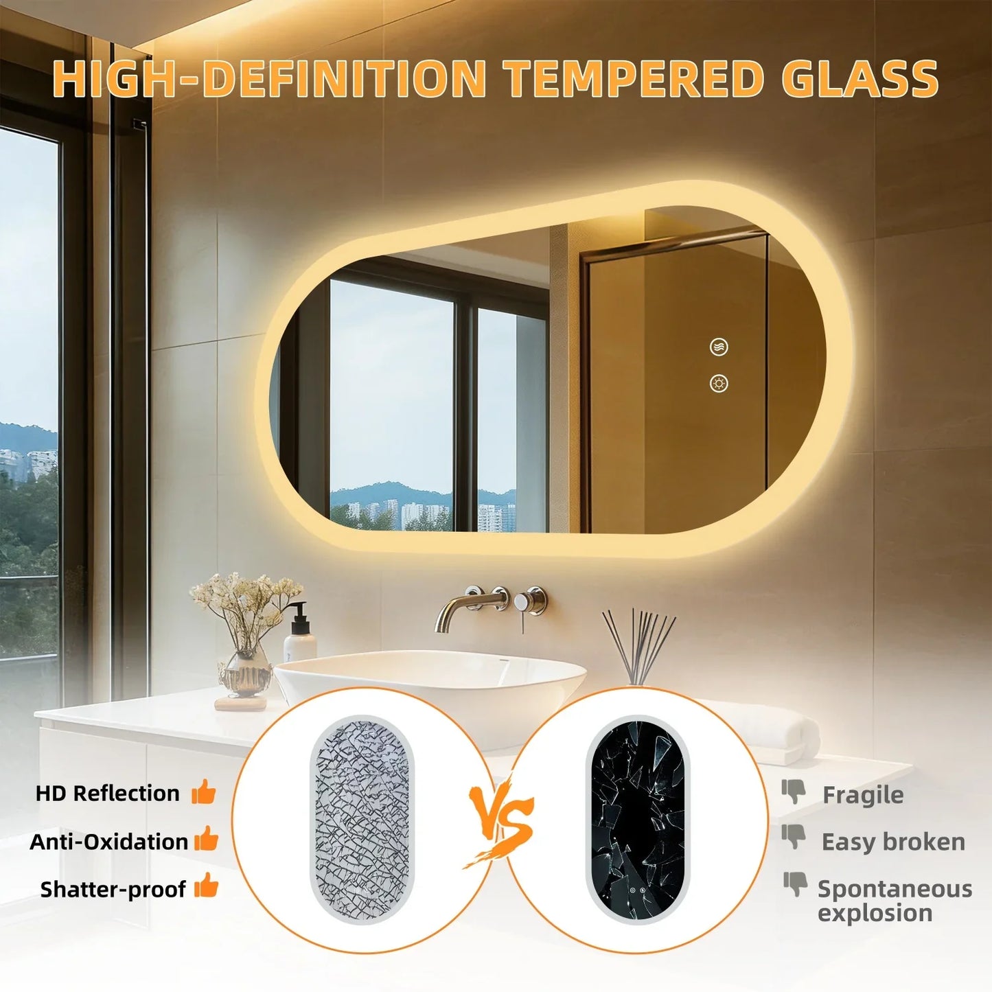 Long Oval LED Bathroom Mirror, Backlit Illuminated Bathroom Vanity Mirror, Memory Function Anti-Fog