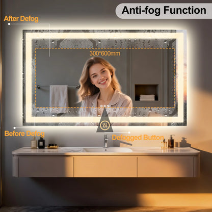 Rectangle LED Bathroom Mirror with Bluetooth Speaker 3 Colors Dimmable Defog Vanity Mirror