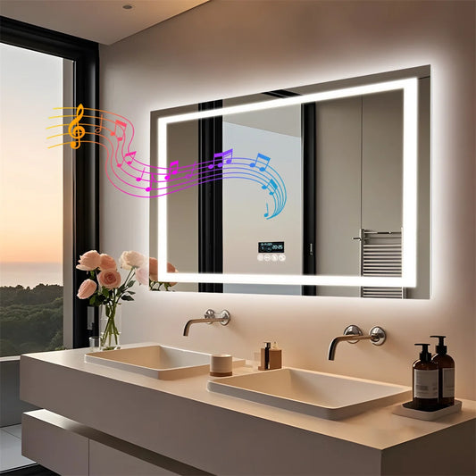 Rectangle Bluetooth Smart Large Bathroom Mirror with Illuminated Defog with Speakers and Time/Date/Temperature Display