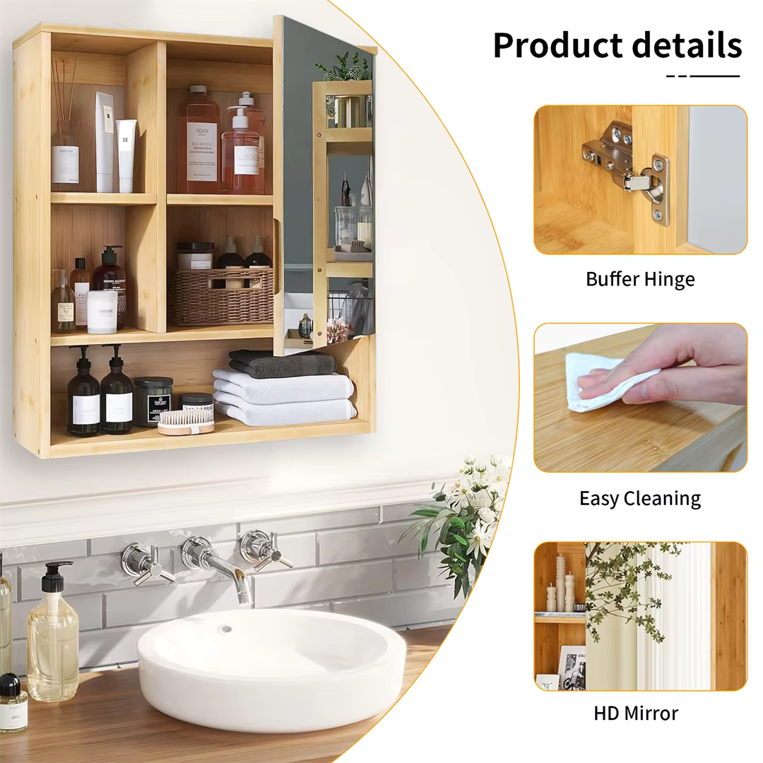 Bamboo Bathroom Mirror Cabinet with Adjustable Shelves – 22x24"