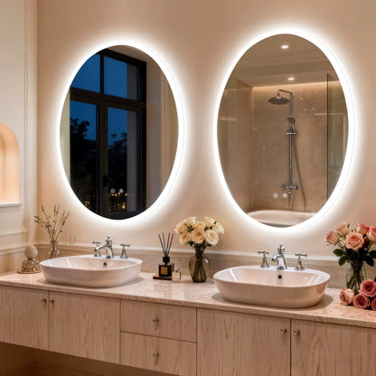 Oval LED Backlit Bathroom Mirror with Anti-Fog, Dimming & Memory