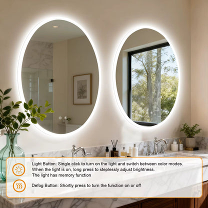 Oval LED Backlit Bathroom Mirror with Anti-Fog, Dimming & Memory